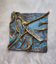 Turquoise Blue and Brown Leather Wall Art with a Touch of Gold - Handmade with Unique Technique and One-of-a-Kind