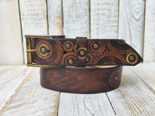 Handmade Motorcycle Gear Stamped Leather Belt with Rustic Dark Leather and touch of gold - Unique Design by Ishaor