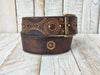 Handmade Stamped Leather Motorcycle Belt with Dark Rustic Design and Touch of Gold by Ishaor