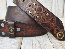 Stamped Leather Motorcycle Belt with Rustic Dark Leather and Gold Accents - Handmade Unique Design by Ishaor