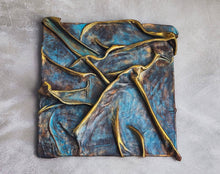 Turquoise Blue and Brown Leather Wall Art with Gold Accents - Handmade Unique One-of-a-Kind