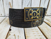 Handcrafted Leather Belt with Motorcycle Gear Stamps Silver Studs Touch of Gold and Matching Buckle