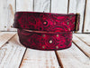 Biker's Delight: Handcrafted Red Leather Belt with Motorcycle Gear Stamps, Black Wash, Silver Studs, and Silver Coins