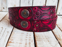 Handcrafted Red Leather Biker Belt with Motorcycle Stamps Black Wash Silver Studs and Coins