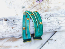 Handmade Turquoise Leather Bracelet with  greenWash and touch of gold decorate with Elegant Gold pieces