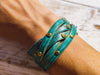 Handmade Turquoise Leather Bracelet with Greenwash and Touch of Gold - Elegant Gold Accents