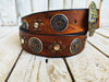 Handcrafted Leather Belt with Ishaors Unique Design - Light Brown with Gold and Silver Rivets and Coin Accents