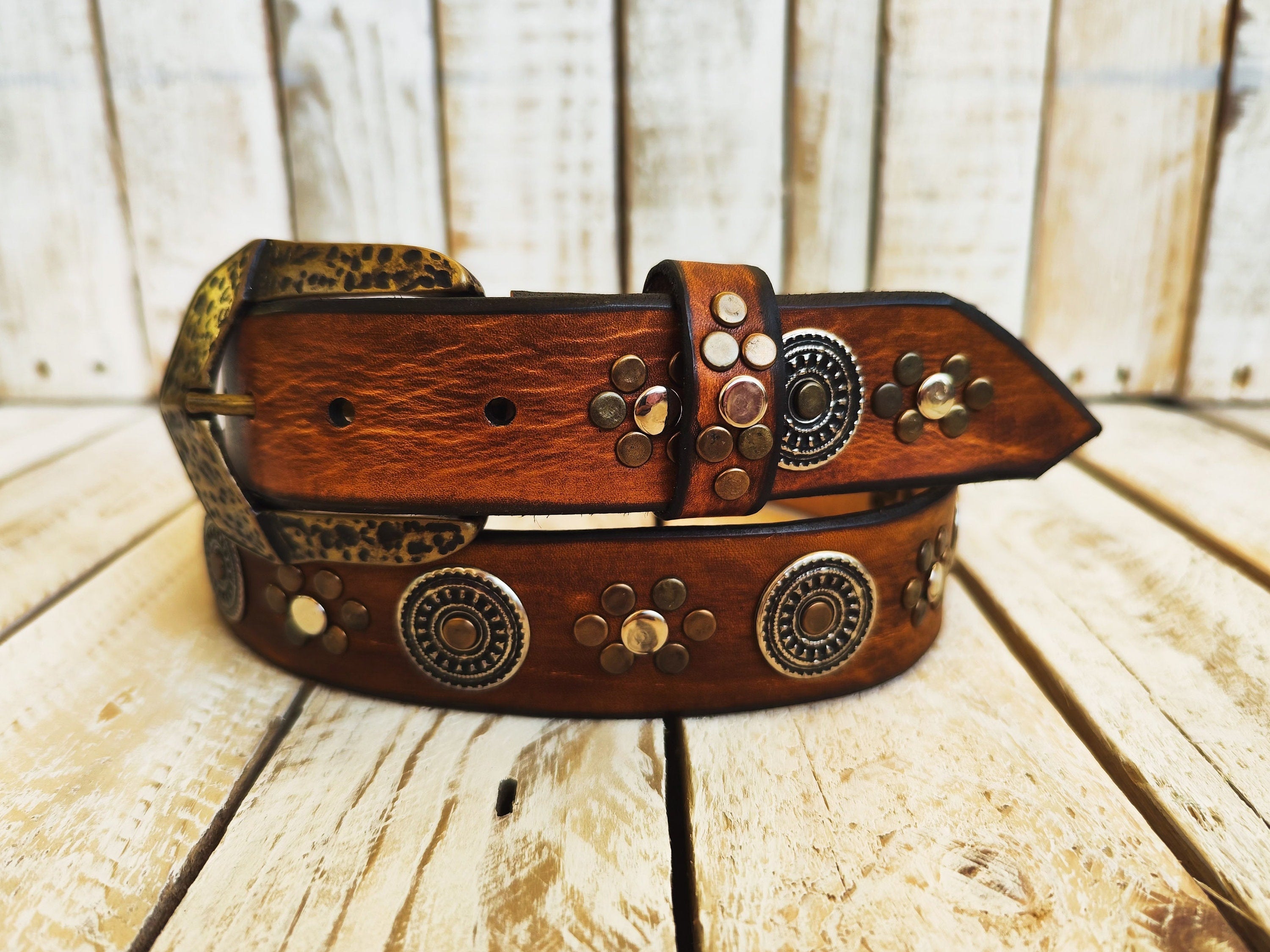 Handcrafted Brown Leather Belt with Ishaor's Unique Design: light Brown belt with Gold and Silver Rivets and Silver Coin Accents