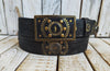 Handcrafted Leather Belt with Motorcycle Gear Stamps Silver Studs Touch of Gold and Matching Buckle