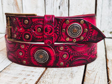 Biker's Delight: Handcrafted Red Leather Belt with Motorcycle Gear Stamps, Black Wash, Silver Studs, and Silver Coins