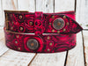 Handcrafted Red Leather Bikers Belt with Motorcycle Gear Stamps Black Wash Silver Studs and Coins - Perfect for the Motorcycle Enthusiast