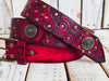 Biker's Delight: Handcrafted Red Leather Belt with Motorcycle Gear Stamps, Black Wash, Silver Studs, and Silver Coins