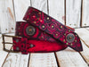 Biker's Delight: Handcrafted Red Leather Belt with Motorcycle Gear Stamps, Black Wash, Silver Studs, and Silver Coins