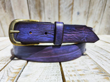 Handcrafted Purple Leather Belt with Black Wash and Ancient Gold Buckle - Regal Elegance