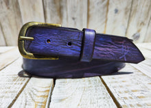 Regal Elegance: Handcrafted Purple Leather Belt with Black Wash and Ancient Gold Buckle