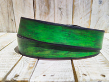 Artisanal Green Leather Belt: Handcrafted with Layers of Enchanting Green Shades and Horseshoe Buckle