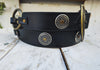 Boho Chic Handmade Black Leather Belt with Silver Coin and Gold Rivet Accents