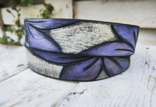 Handcrafted White Leather Belt with Engraved Purple Flower Design and Blackwash Finish