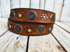 Handcrafted Leather Belt with Ishaors Unique Design - Light Brown with Gold and Silver Rivets and Coin Accents