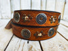 Handcrafted Leather Belt with Ishaors Unique Design - Light Brown with Gold and Silver Rivets and Coin Accents