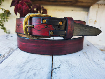 Handmade Red Leather Belt with Black Wash, Unique Design with Black End connect with two Pieces and Bronze Rivet Decorations