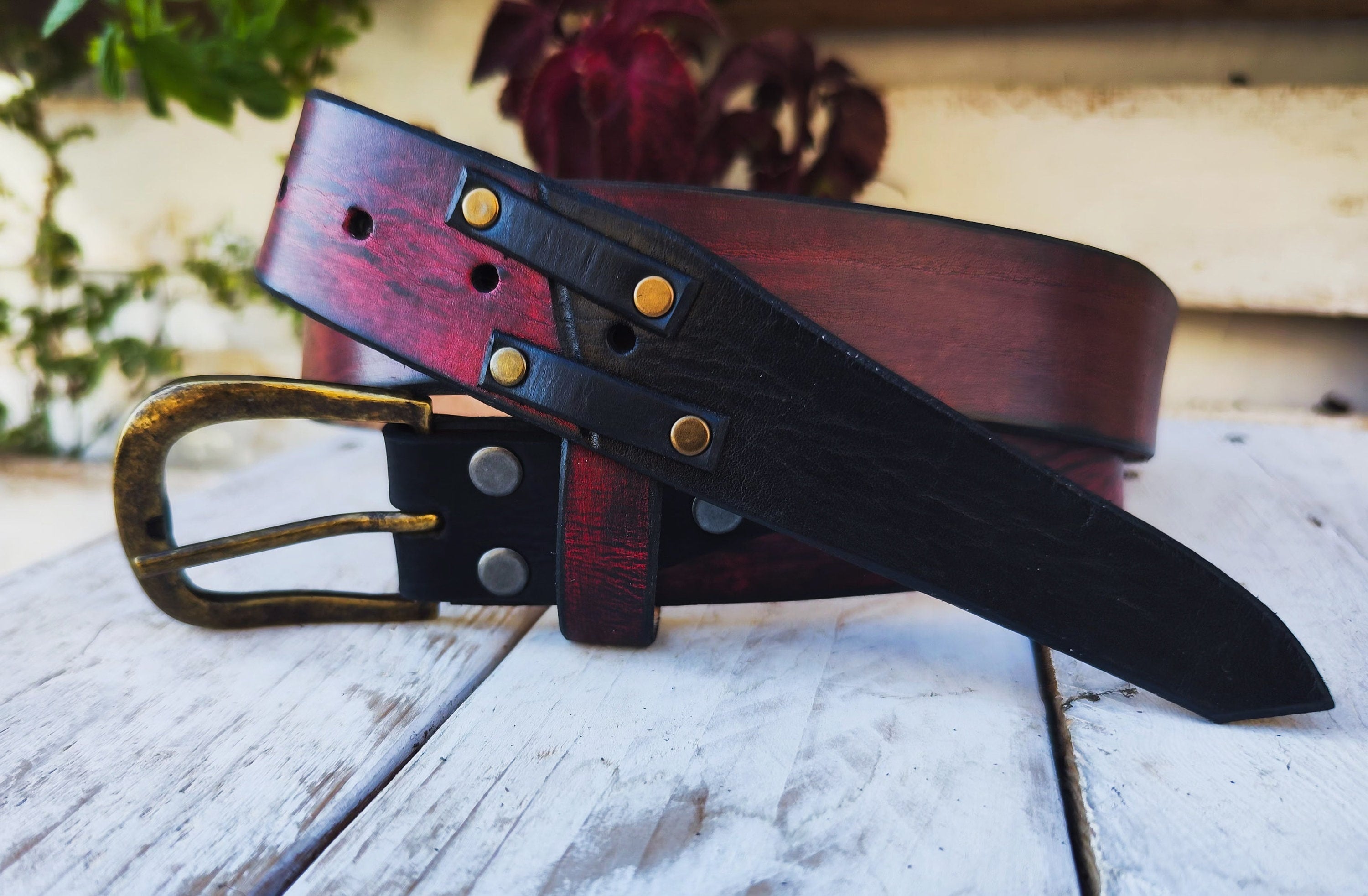 Handmade Red Leather Belt with Black Wash, Unique Design with Black End connect with two Pieces and Bronze Rivet Decorations