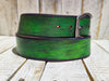 Artisanal Green Leather Belt: Handcrafted with Layers of Enchanting Green Shades and Horseshoe Buckle