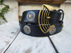 Boho Chic Handmade Black Leather Belt with Silver Coin and Gold Rivet Accents