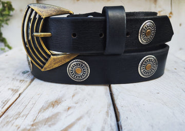 Unique Bohemian Leather Belt with Silver Coins and Gold Rivets