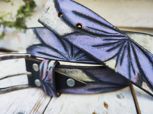 Handcrafted White Leather Belt with Engraved Purple Flower Design and Blackwash Finish