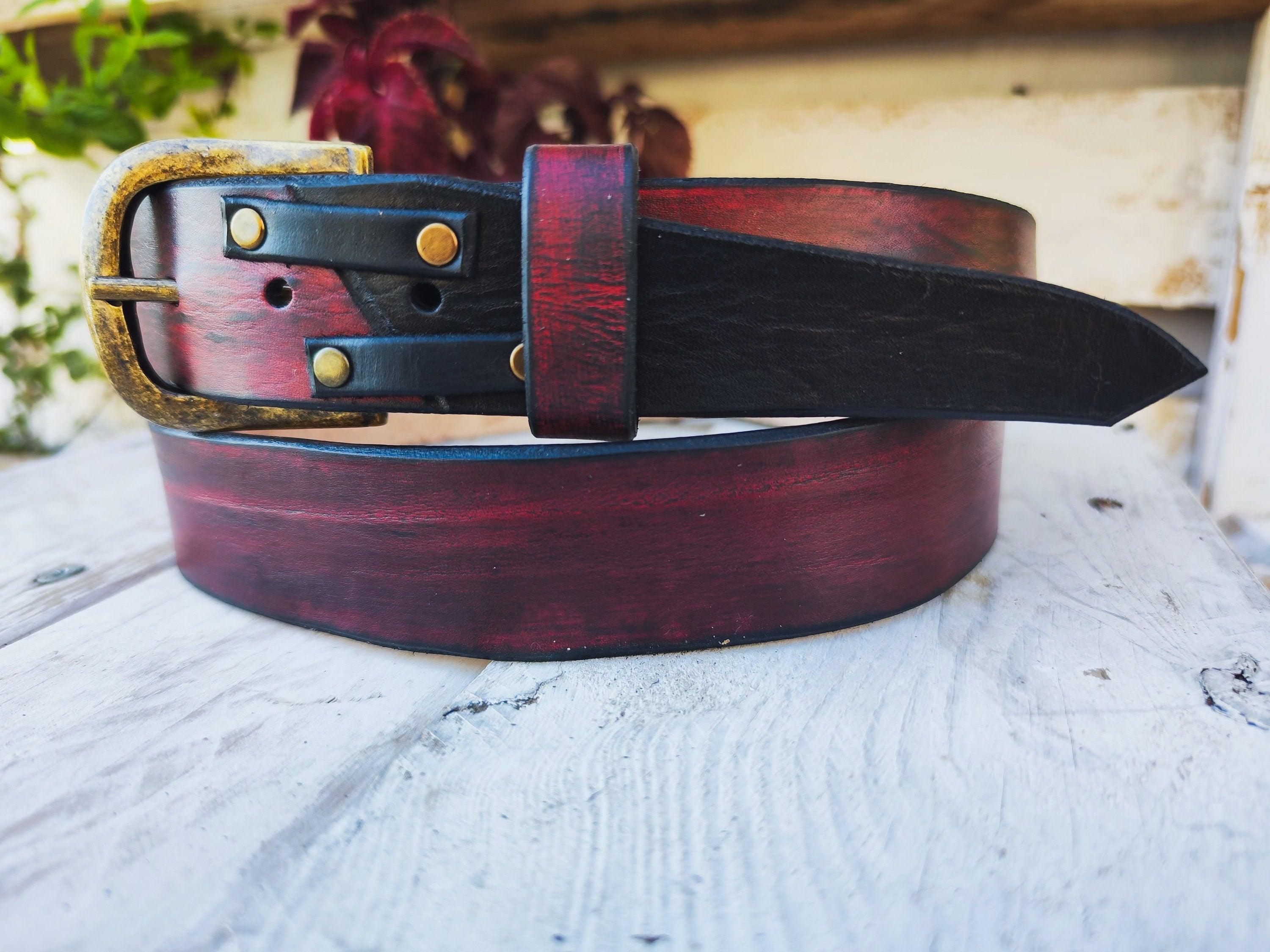 Handmade Red Leather Belt with Black Wash, Unique Design with Black End connect with two Pieces and Bronze Rivet Decorations