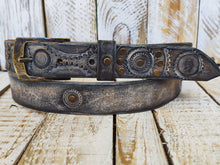 Rugged Handmade Leather Belt: white and Vintage brown Wash designed with Motorcycle Gear Stamps, and studs.