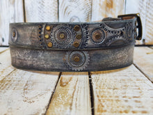 Rugged Handmade Leather Belt: white and Vintage brown Wash designed with Motorcycle Gear Stamps, and studs.