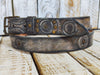 Rugged Handmade Leather Belt: white and Vintage brown Wash designed with Motorcycle Gear Stamps, and studs.