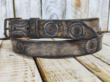 Rugged Handmade Leather Belt: white and Vintage brown Wash designed with Motorcycle Gear Stamps, and studs.