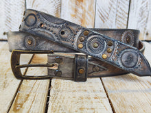 Rugged Handmade Leather Belt: white and Vintage brown Wash designed with Motorcycle Gear Stamps, and studs.