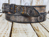 Rugged Handmade Leather Belt: white and Vintage brown Wash designed with Motorcycle Gear Stamps, and studs.