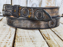 Rugged Handmade Leather Belt: white and Vintage brown Wash designed with Motorcycle Gear Stamps, and studs.