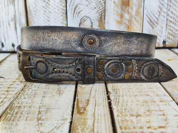 Rugged Handmade Leather Belt: white and Vintage brown Wash designed with Motorcycle Gear Stamps, and studs.