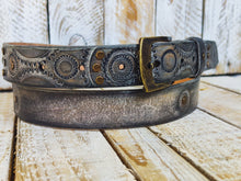 Rugged Handmade Leather Belt: white and Vintage brown Wash designed with Motorcycle Gear Stamps, and studs.