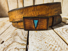 Handcrafted Brown Leather Belt with Vintage Texture and Bronze Buckle featuring Brown Leather and Turquoise Triangle  Boho-style Accessory