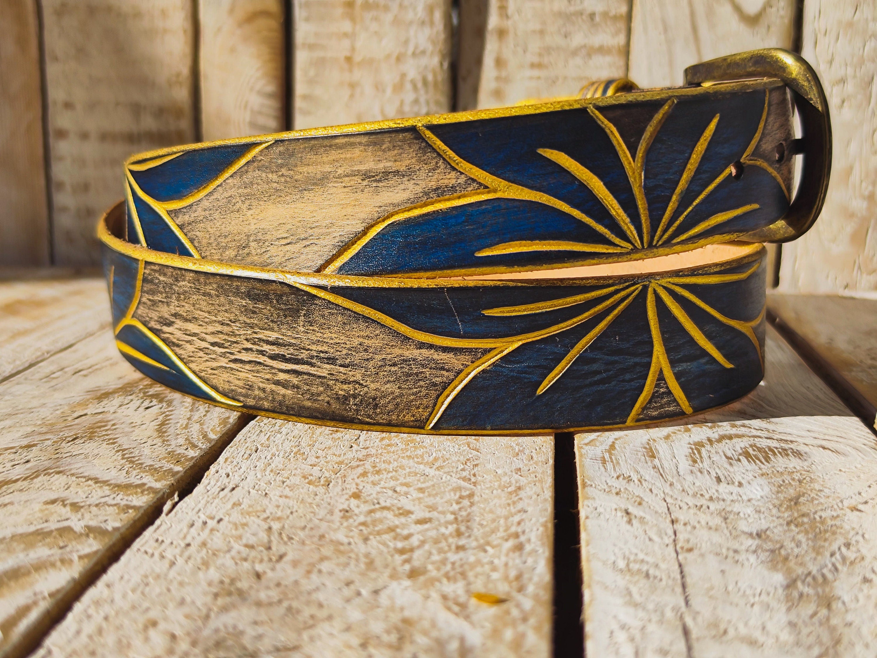 Artisanal White Leather Belt with Engraved Blue Flower Design, Black Wash Finish, and Gilded Details