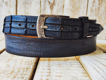 Handmade vintage Brown Leather Belt with Gray Wash and Silver Buckle with Unique cut texture on the tail of the belt