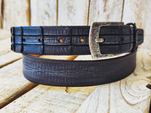 Handmade vintage Brown Leather Belt with Gray Wash and Silver Buckle with Unique cut texture on the tail of the belt