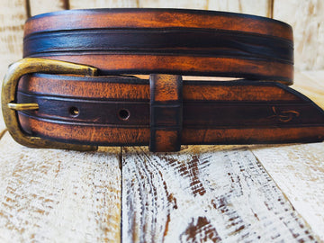 Handcrafted Leather Belt with Three Stripes in Shades of Brown and Bronze and Removable Buckle