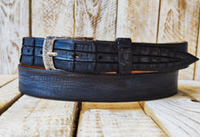 Handmade vintage Brown Leather Belt with Gray Wash and Silver Buckle with Unique cut texture on the tail of the belt