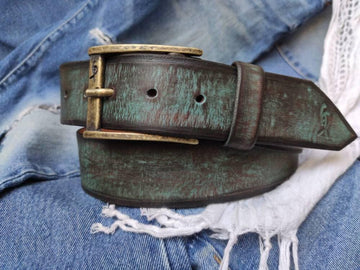 Distressed Turquoise Leather Belt - Personalized Statement Piece for Jeans - Rough Finish Stunning Design - Perfect Gift Option