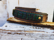 Brown Leather Mens Wrap Cuff Bracelet  Rasta Color  Crocodile Texture  Ishaor