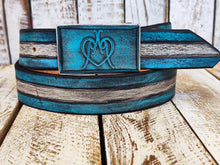 Unique handmade leather belt with Israeli flag colors and heart logo