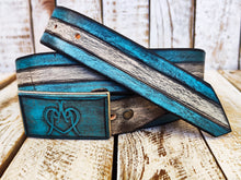 Unique handmade leather belt with Israeli flag colors and heart logo